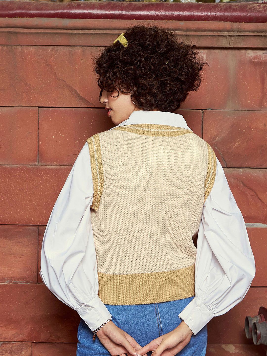 Buy SASSAFRAS Beige & Yellow Floral Printed Woollen Sweater Vest