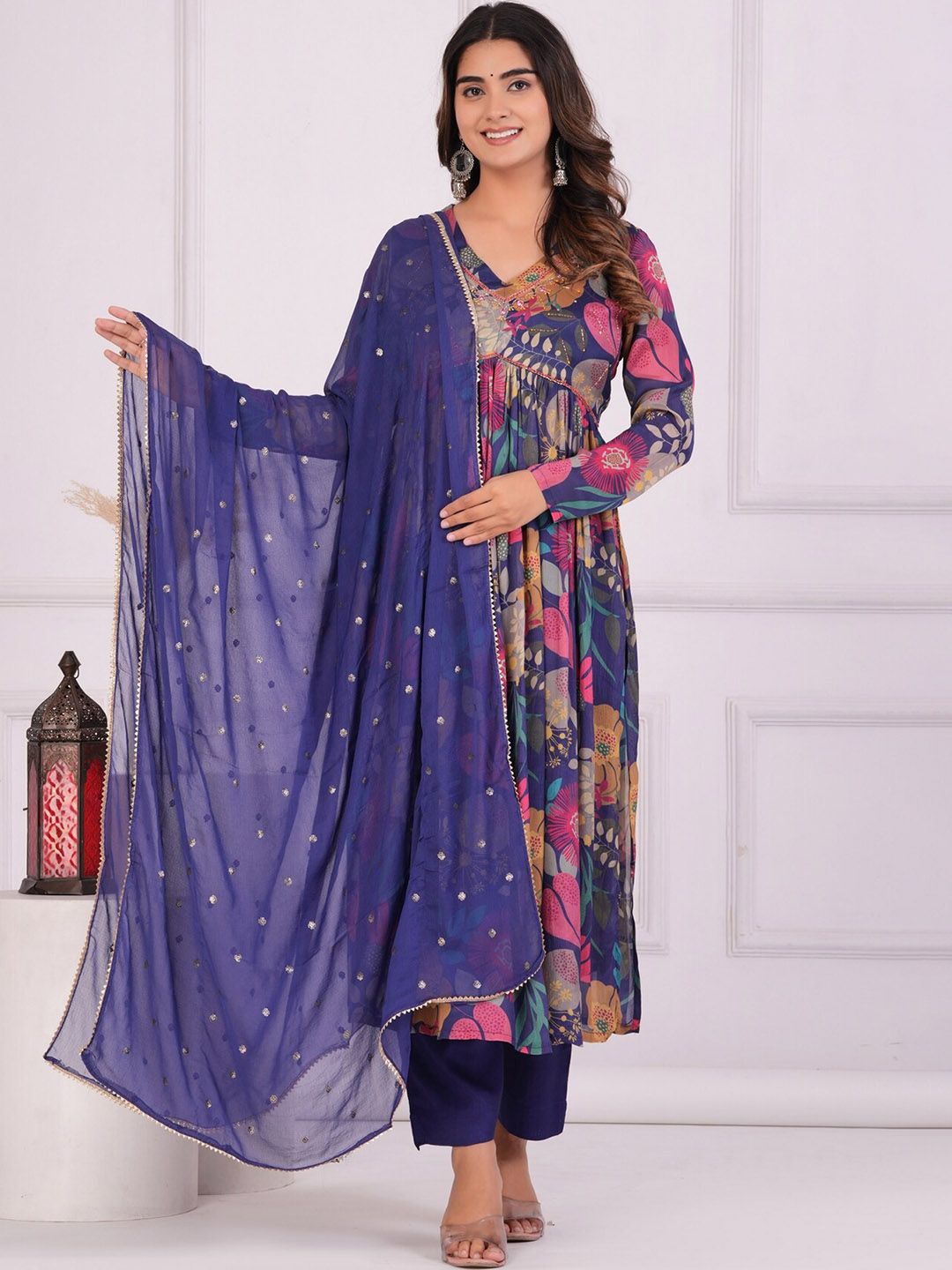 EtnicaWear Blue Floral Printed Empire Pure Silk Kurta with Trousers & Dupatta Price in India