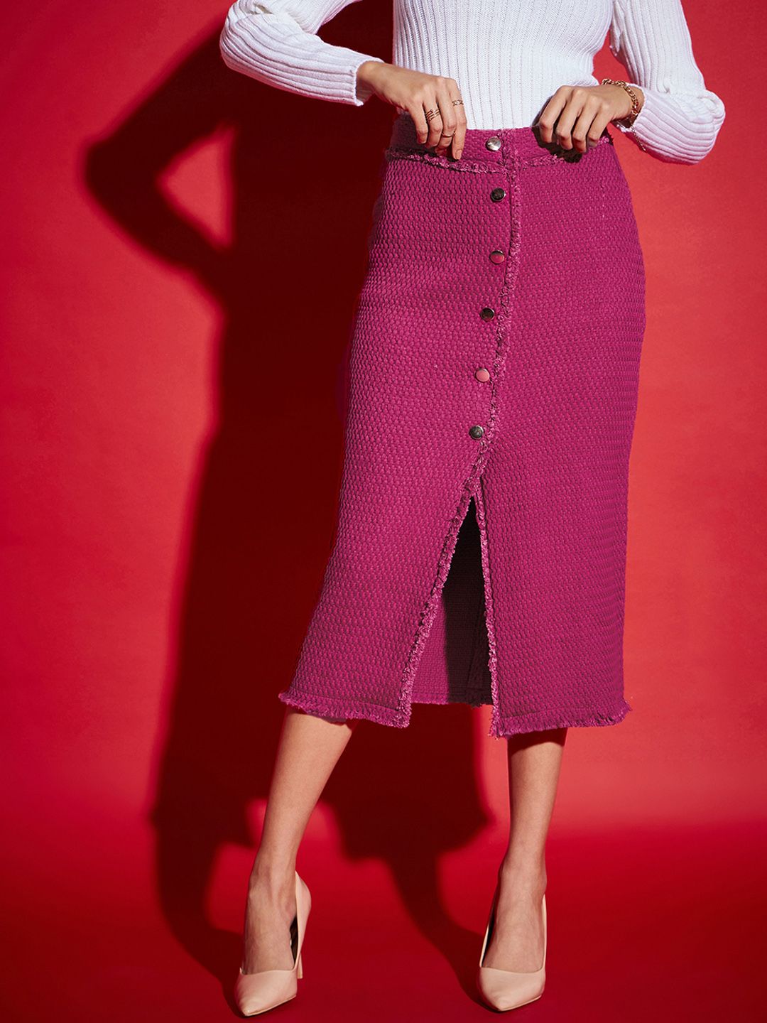 SASSAFRAS Tweed Front Button Cotton Midi Pencil Skirt Price in India