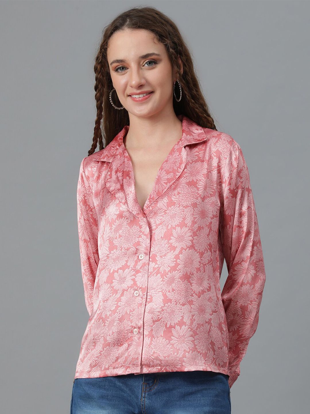 Kotty Pink Relaxed Floral Printed Cuban Collar Satin Casual Shirt