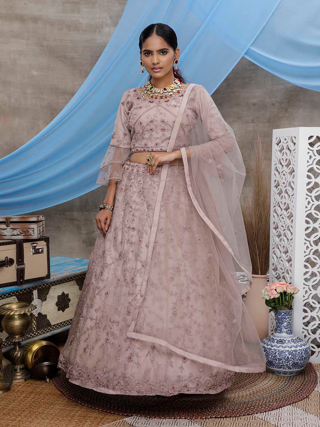 SHUBHKALA Embroidered Net Semi-Stitched Lehenga & Unstitched Blouse With Dupatta Price in India