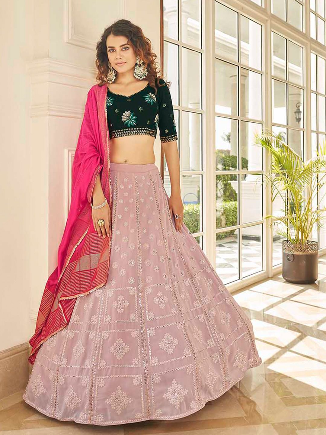 SHUBHKALA Pink & Green Embroidered Semi-Stitched Lehenga & Unstitched Blouse With Dupatta Price in India