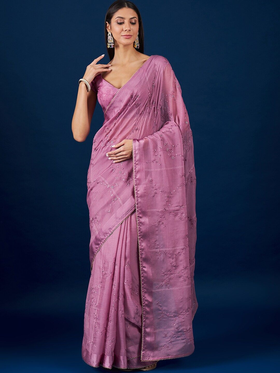 Anouk Purple Floral Embroidered Pure Chiffon Saree Price in India