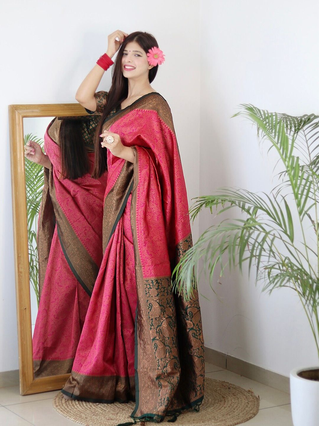 ALMAARI FASHION Pink & Green Ethnic Motifs Zari Pure Silk Kanjeevaram Saree Price in India