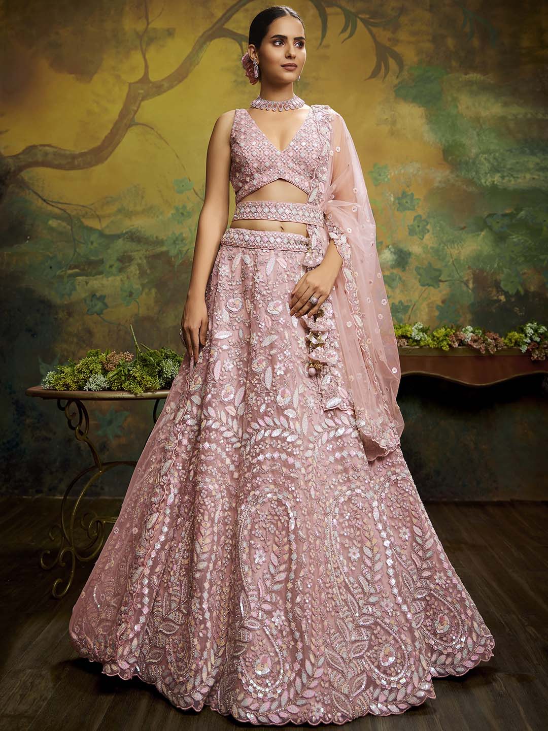 panchhi Pink Embroidered Sequinned Semi-Stitched Lehenga & Unstitched Blouse With Dupatta Price in India