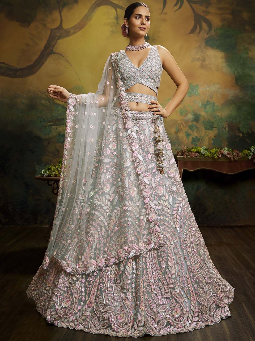 panchhi Embroidered Sequinned Semi-Stitched Lehenga & Unstitched Blouse With Dupatta Price in India