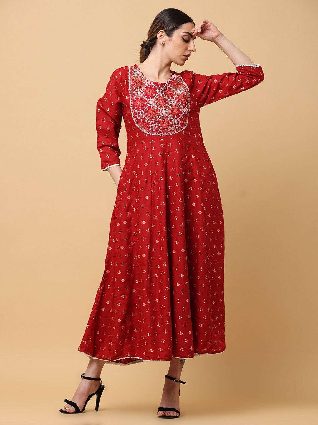 aayusika Ethnic Motifs Printed Embroidered Detail Fit & Flare Maxi Ethnic Dress Price in India