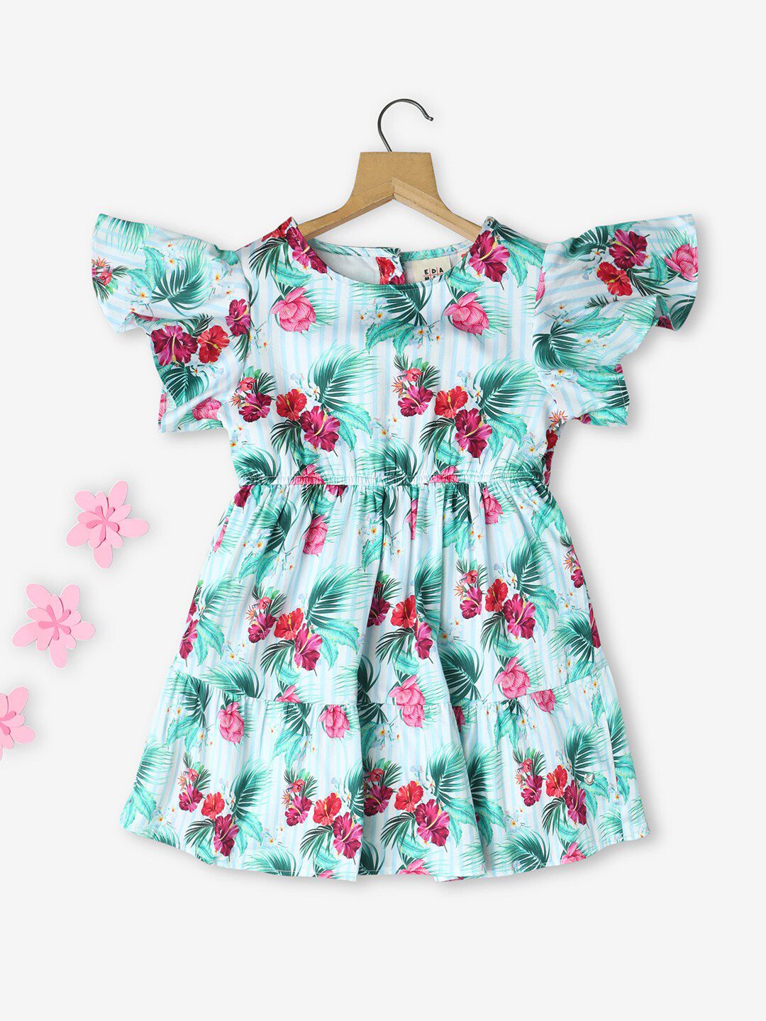Ed-a-Mamma Floral Printed Flutter Sleeve Fit & Flare Cotton Dress