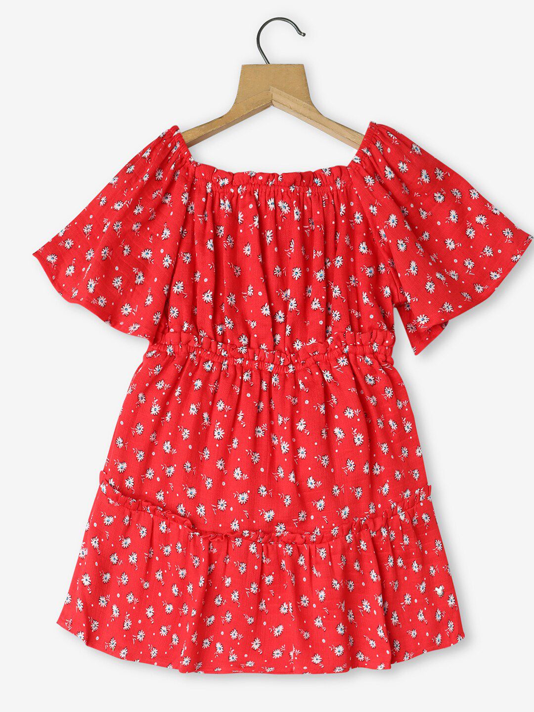 Ed-a-Mamma Girls Floral Printed Square Neck Tiered Pure Cotton Fit & Flare Dress