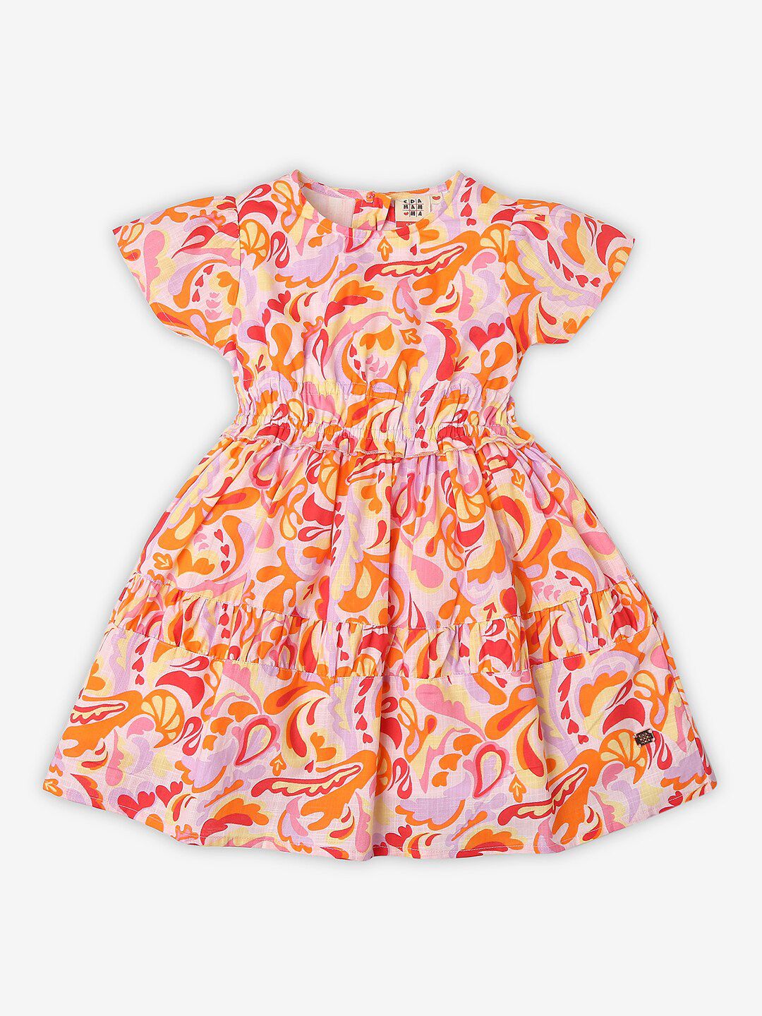 Ed-a-Mamma Girls Abstract Printed Puff Sleeve Smocked Tiered Pure Cotton Fit & Flare Dress