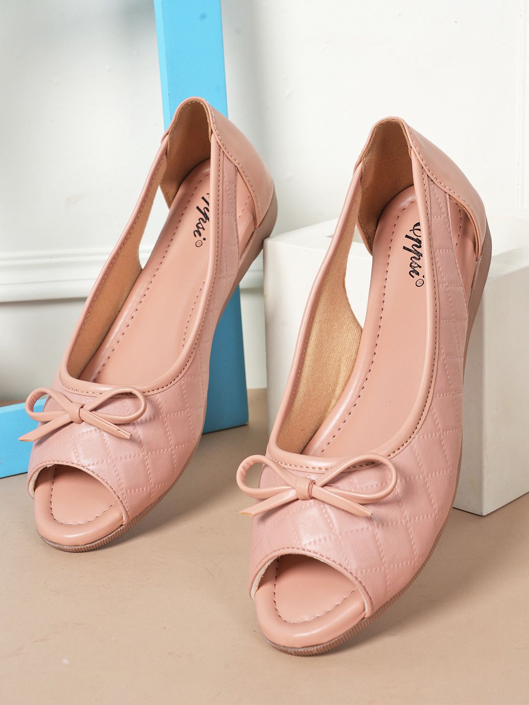 Style Shoes Textured Peep Toe Ballerinas With Bows