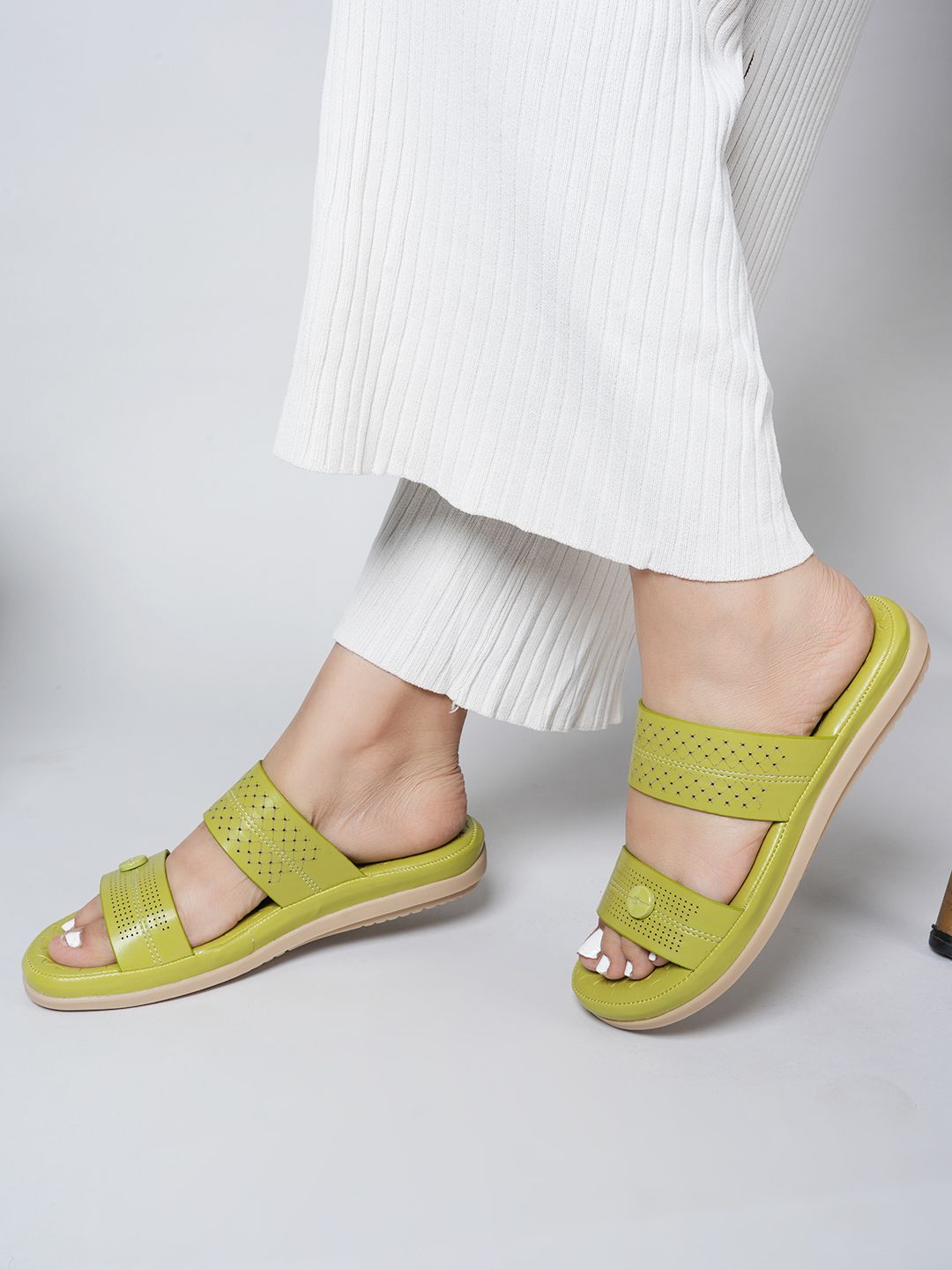 Mast & Harbour Green Perforated Open Toe Flats Price in India