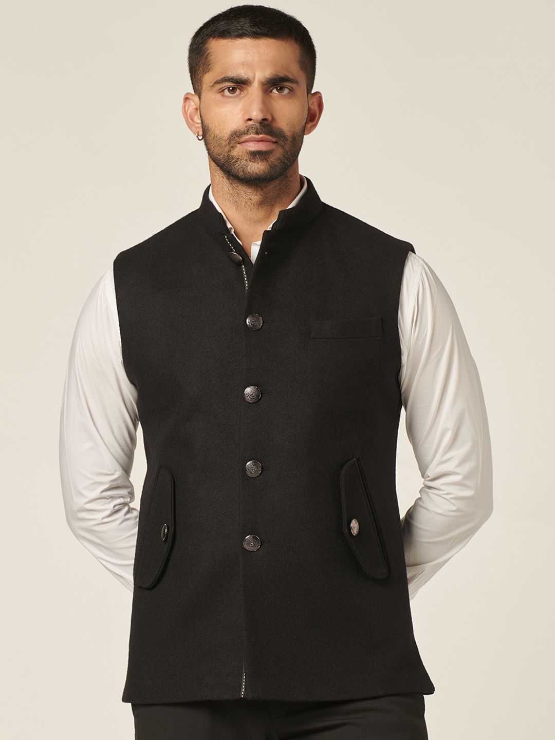 MR BUTTON Velvet Mandarin Collar Nehru Jacket