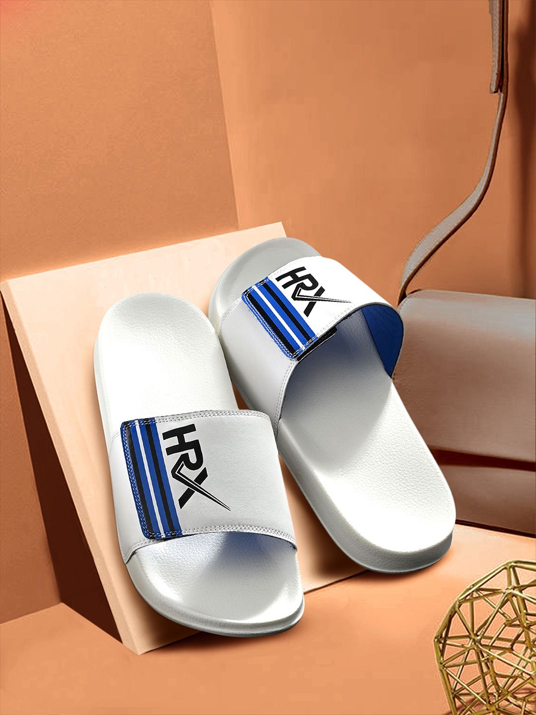 HRX by Hrithik Roshan Women White & Blue Printed Sliders With Velcro