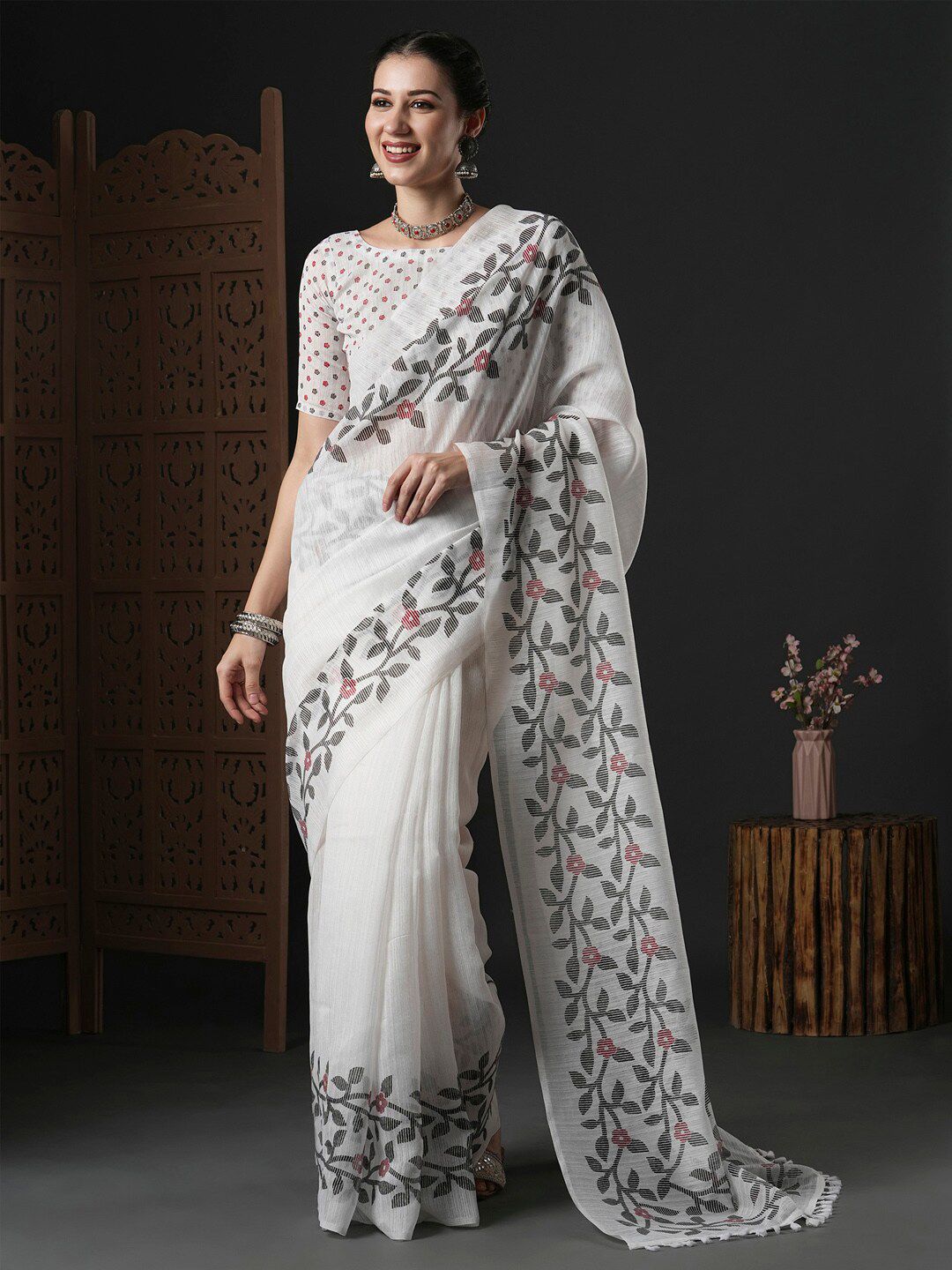 Anouk Floral Printed Block Print Saree Price in India