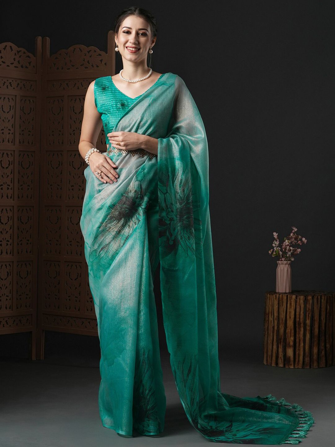 Anouk Turquoise Blue & Black Floral Organza Saree