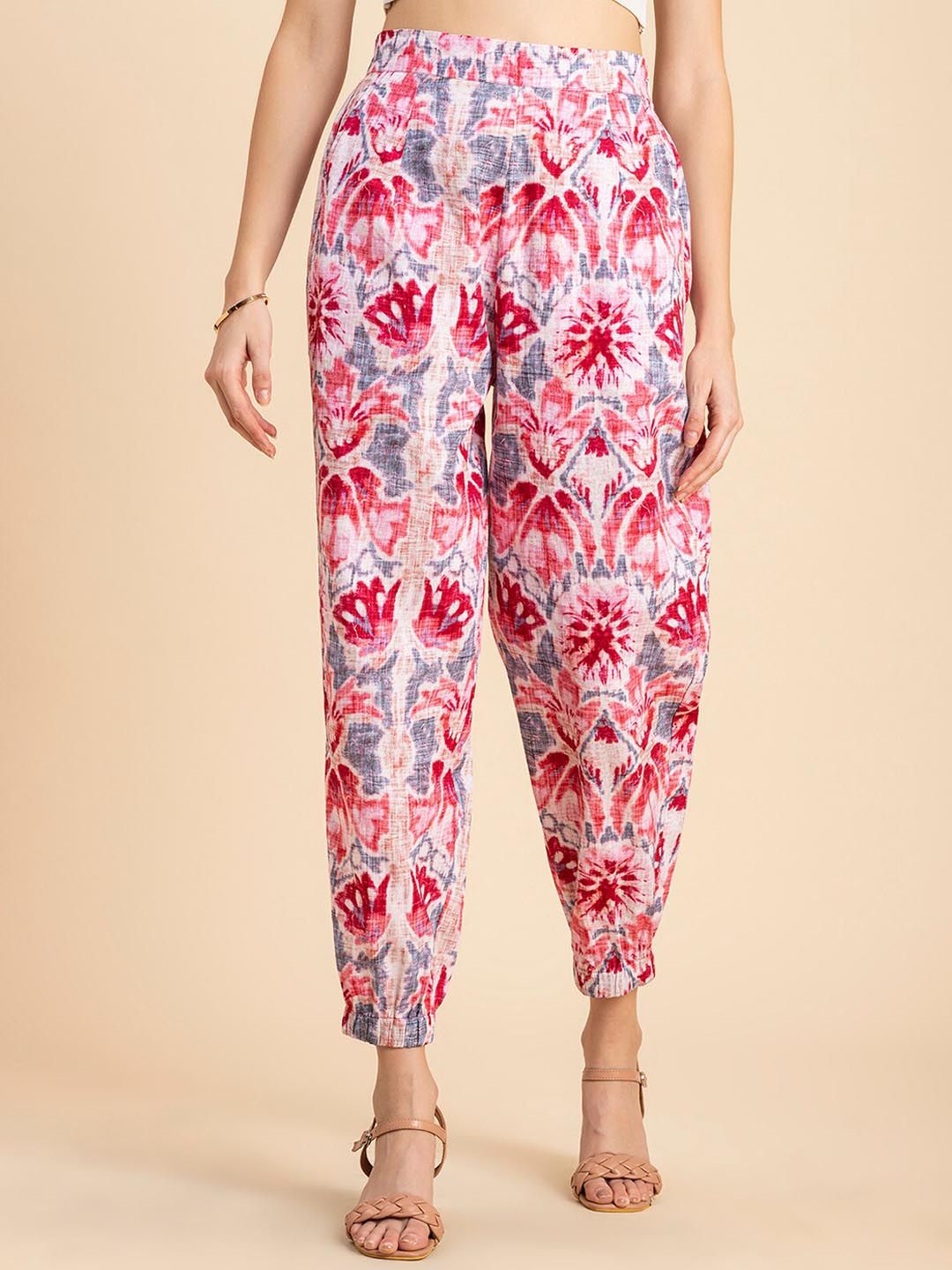 Moomaya Women Pink Floral Printed High-Rise Pleated Trousers Price in India