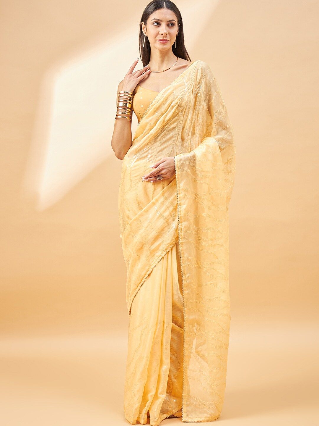 all about you Beige Embroidered Pure Chiffon Saree