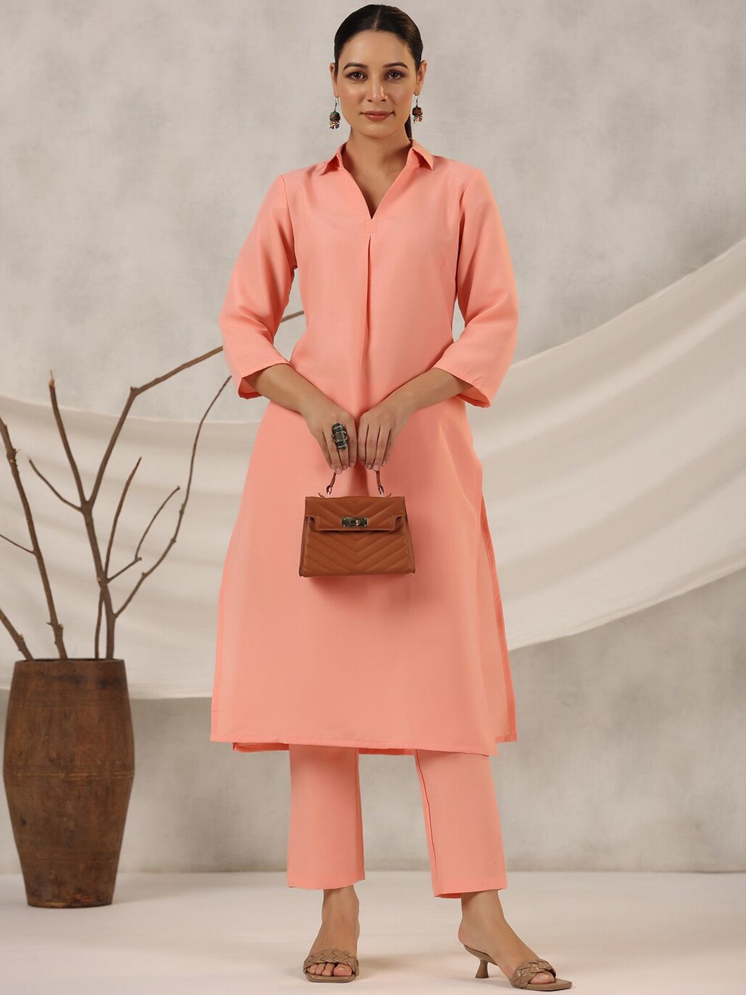 HERE&NOW Peach Shirt Collar Straight Kurta with Trousers Price in India