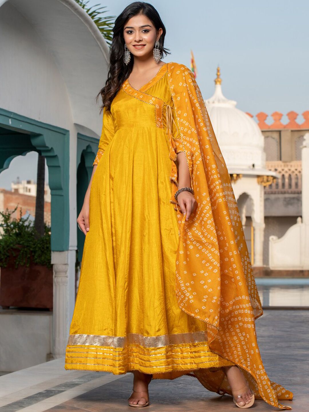 Indi INSIDE Women Mustard Yellow Bandhani Angrakha Gotta Patti Kurta with Trousers & With Dupatta Price in India
