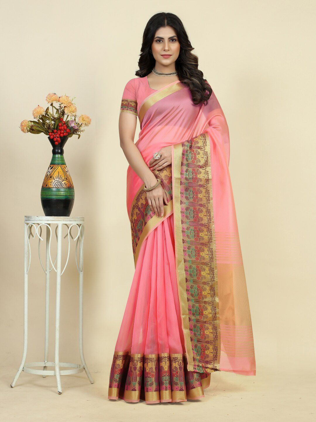 Paramparik Textile Pink & Gold-Toned Zari Organza Kanjeevaram Saree Price in India