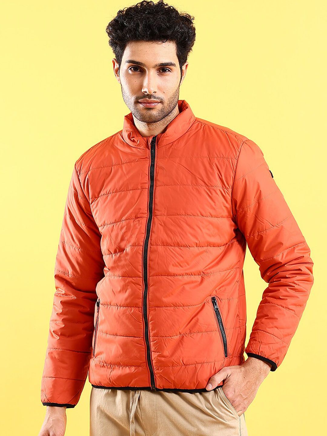 The Indian Garage Co Men Rust Colourblocked Crop Outdoor Padded Jacket