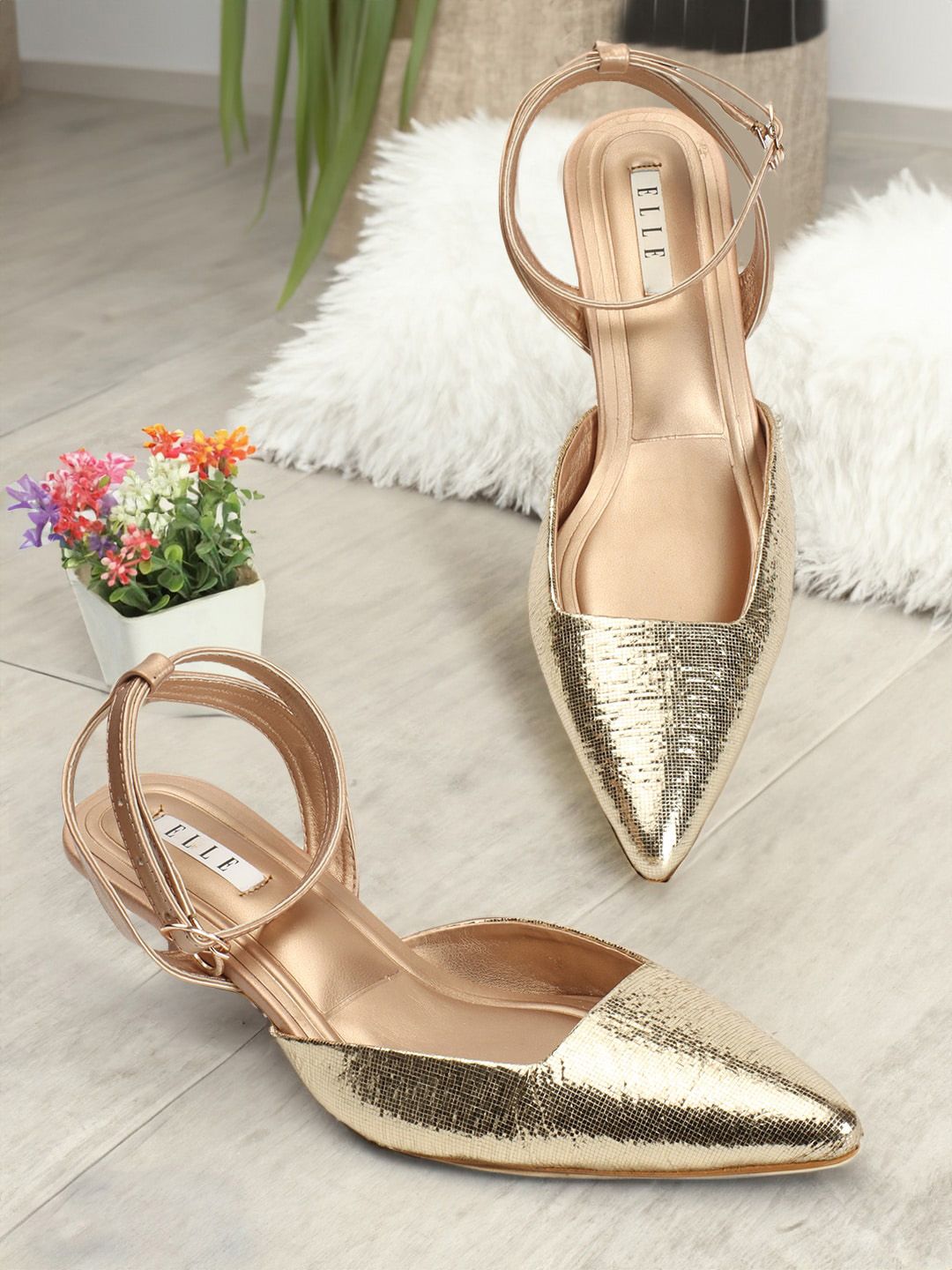 ELLE Gold-Toned Embellished Work Block Pumps with Buckles