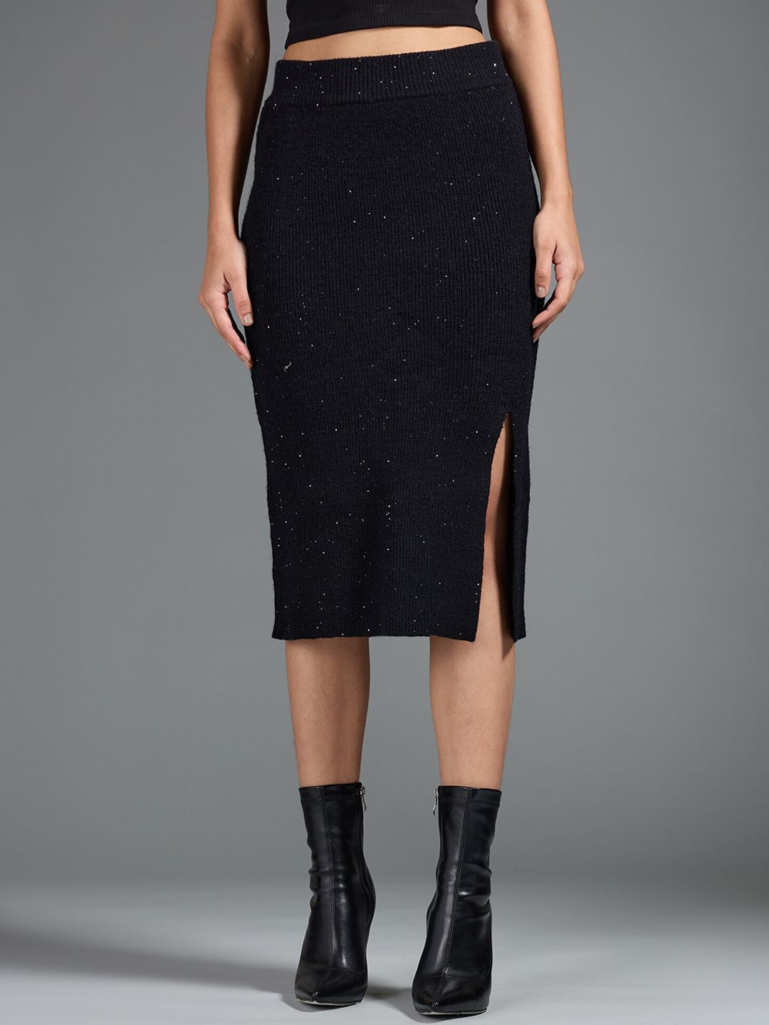 20Dresses Black Embellished Acrylic Sheath Midi Skirt Price in India