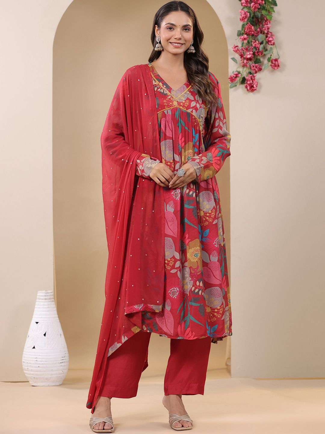 EtnicaWear Women Maroon Floral Printed Empire Beads and Stones Pure Silk Kurta with Pyjamas & With Dupatta Price in India