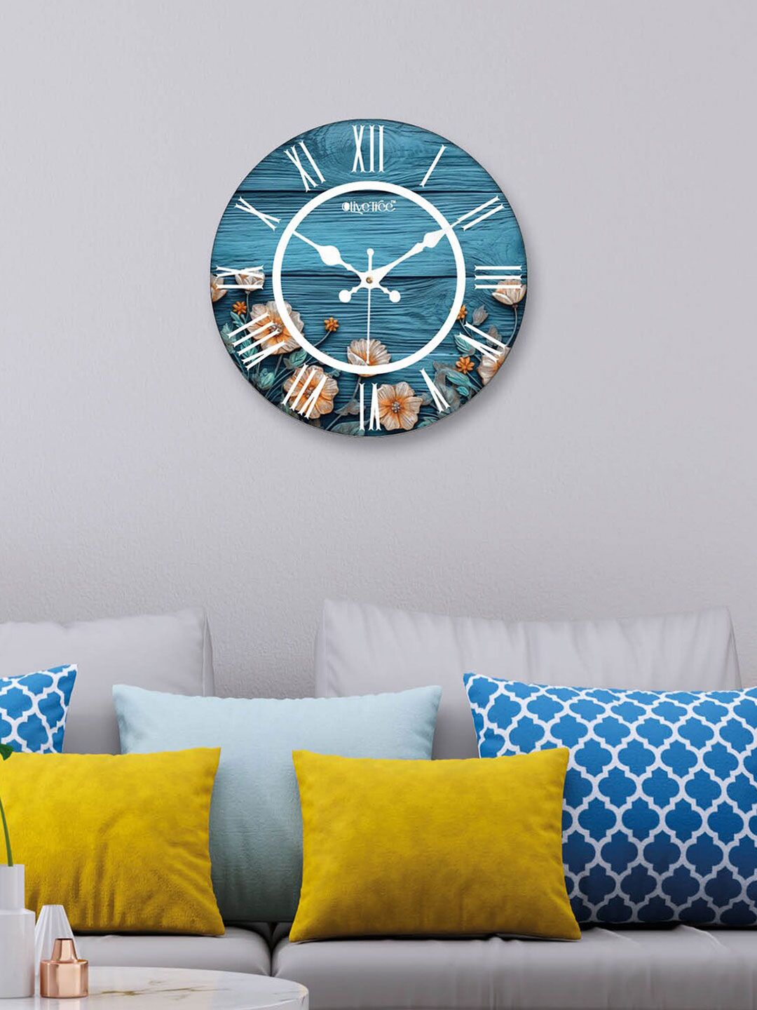 OLIVE TREE OLIVE TREE Blue & White Printed Contemporary MDF Wooden Analogue Wall Clock