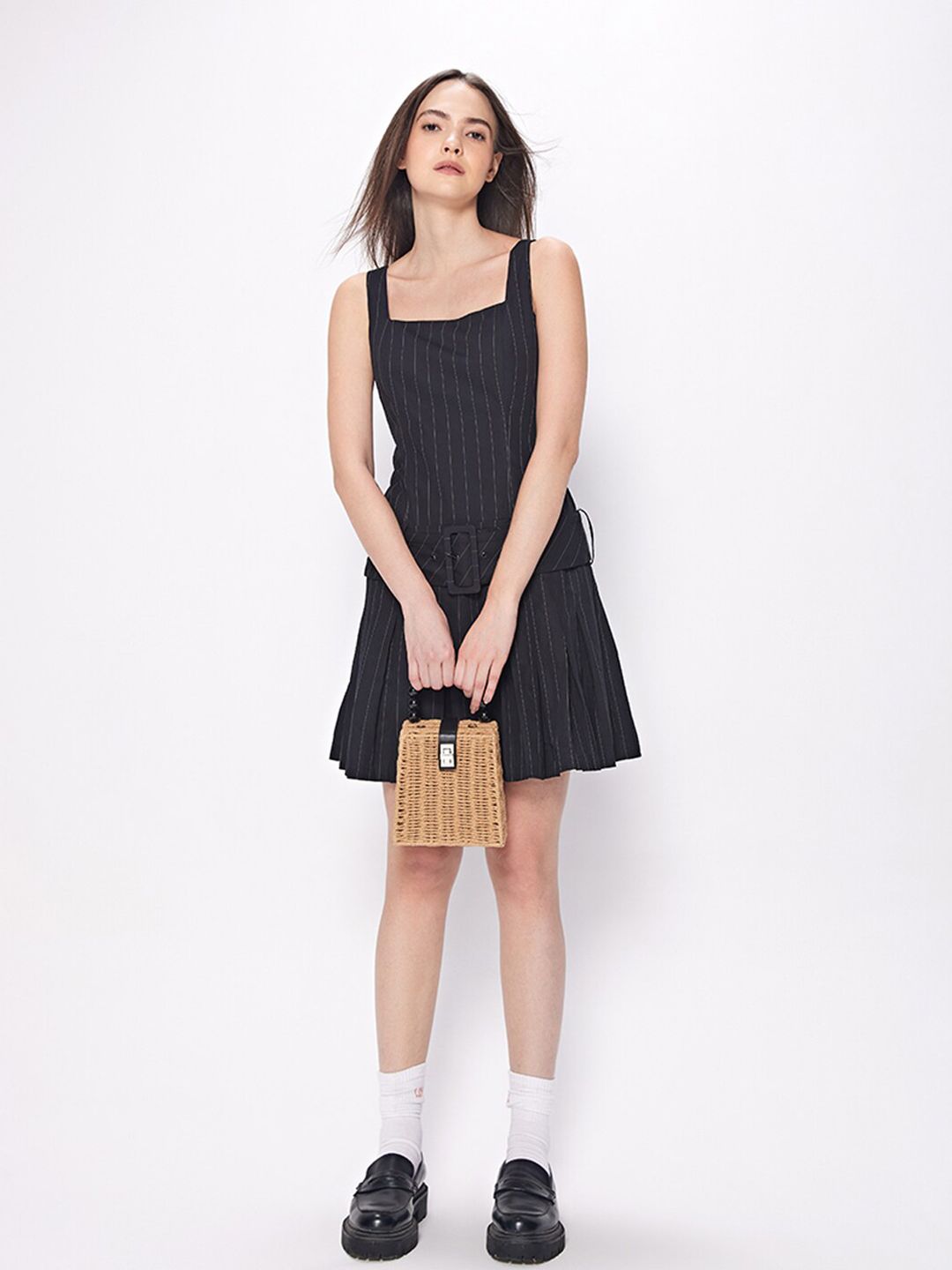 COVER STORY Black Striped Square Neck Sleeveless A-Line Belted Dress Price in India