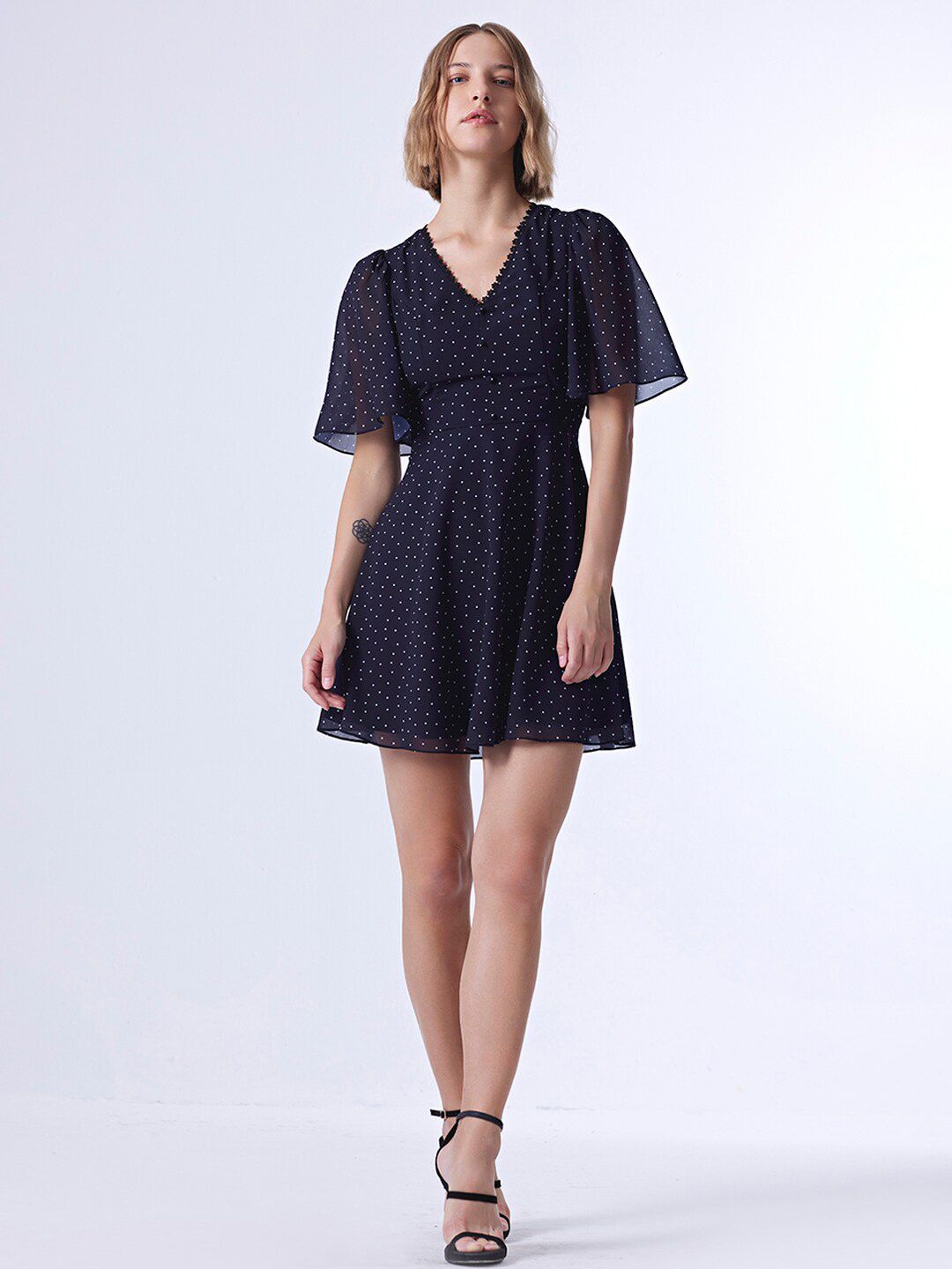 COVER STORY Black Polka Dot Printed Flared Sleeves Georgette Mini Dress