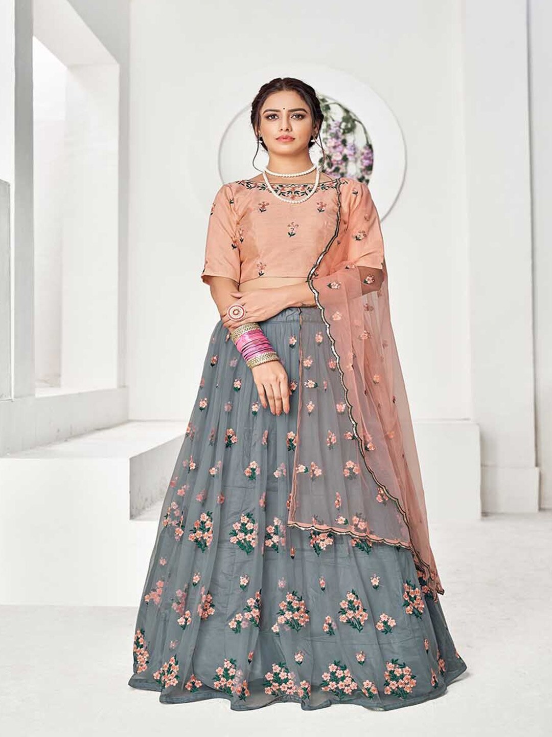 SHUBHKALA Grey & Peach-Coloured Embroidered Thread Work Semi-Stitched Lehenga & Unstitched Blouse With Price in India