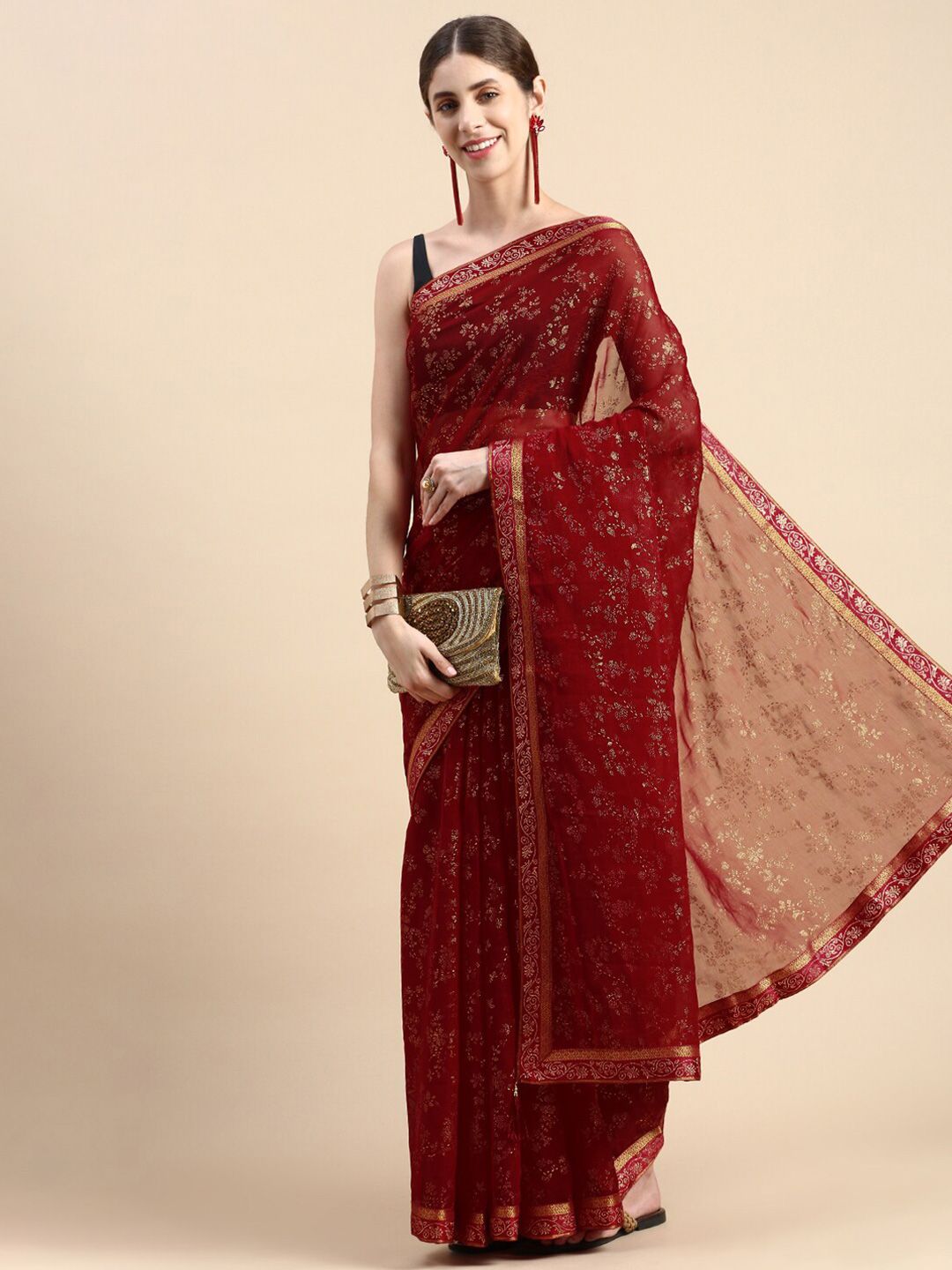 KALINI Red & Grey Embellished Beads and Stones Poly Chiffon Saree Price in India