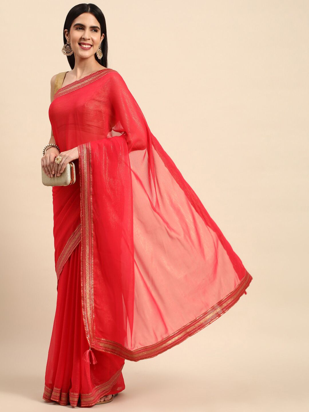 KALINI Pink Poly Chiffon Saree