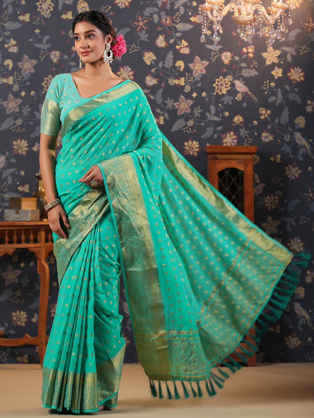 House of Pataudi Ethnic Woven Design Zari Pure Georgette Saree Price in India