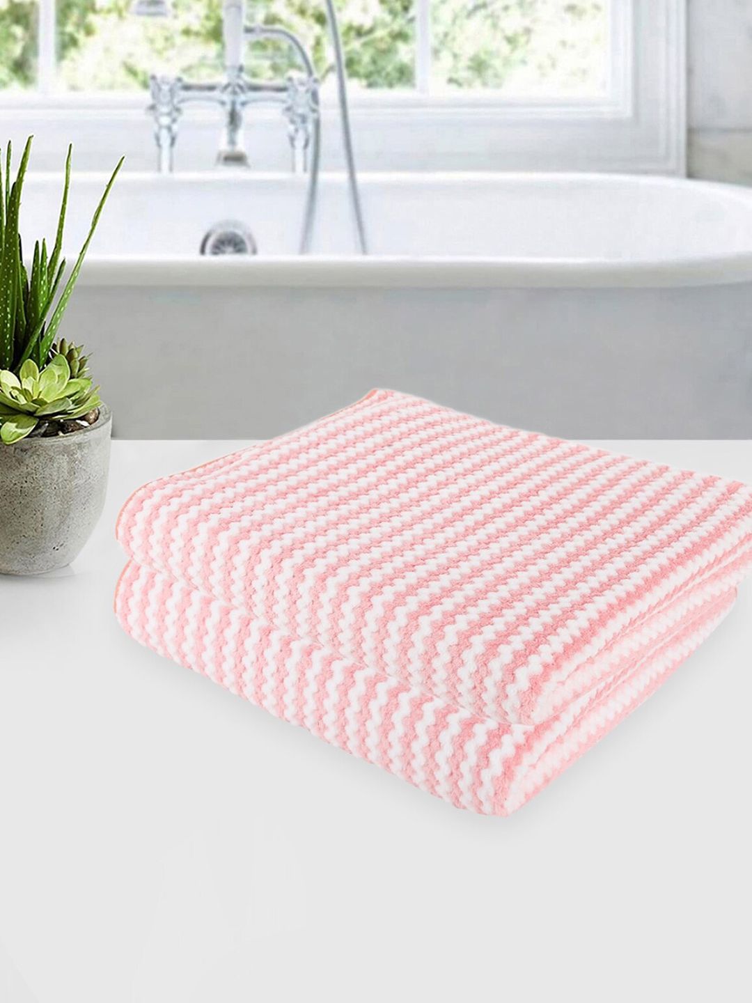 ROMEE Pink & White 2 Pieces Self Design 350 GSM Microfiber Super Soft Bath Towels