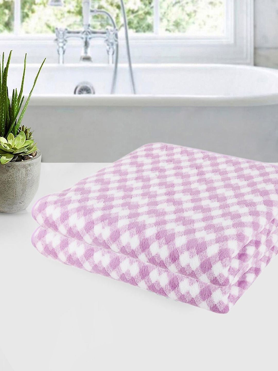 ROMEE Lavender & White 2 Pieces Self Design 350 GSM Microfiber Super Soft Bath Towels