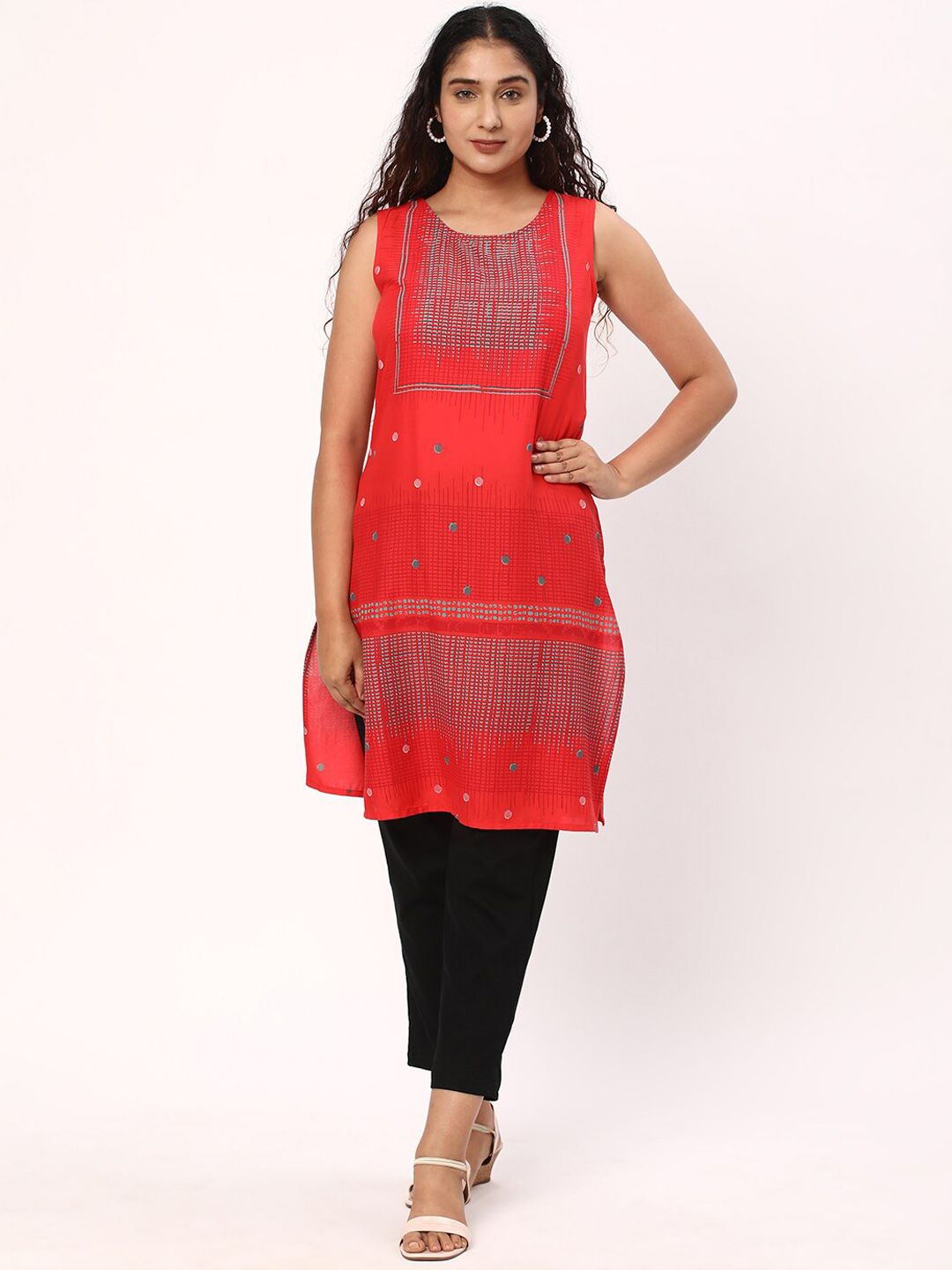 R&B Women Red Ethnic Motifs Colourblocked Kurta
