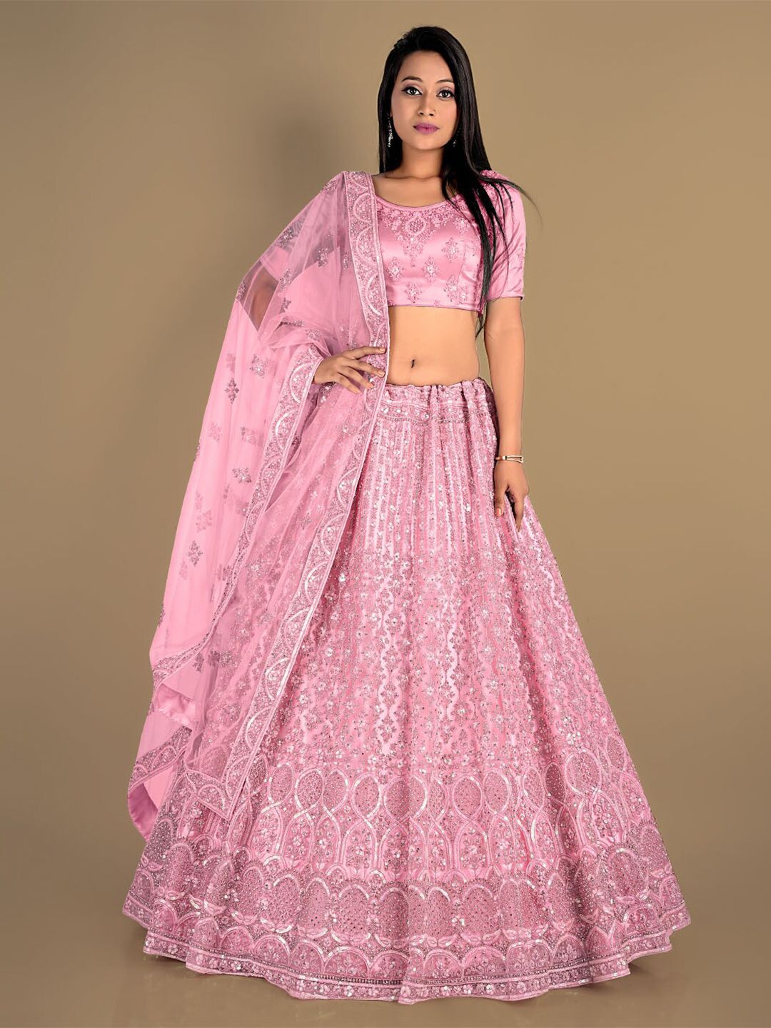 HALFSAREE STUDIO Embroidered Round Neck Sequined Semi-Stitched Lehenga Choli