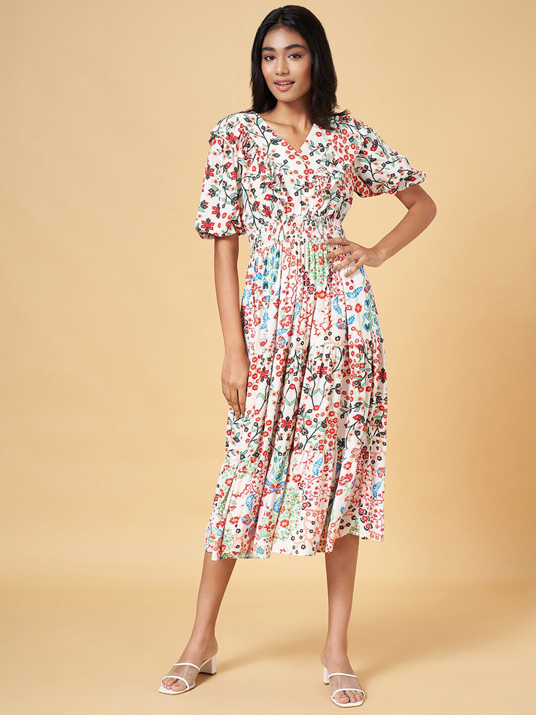 Honey by Pantaloons Off White Floral Print Flared Sleeve A-Line Midi Dress