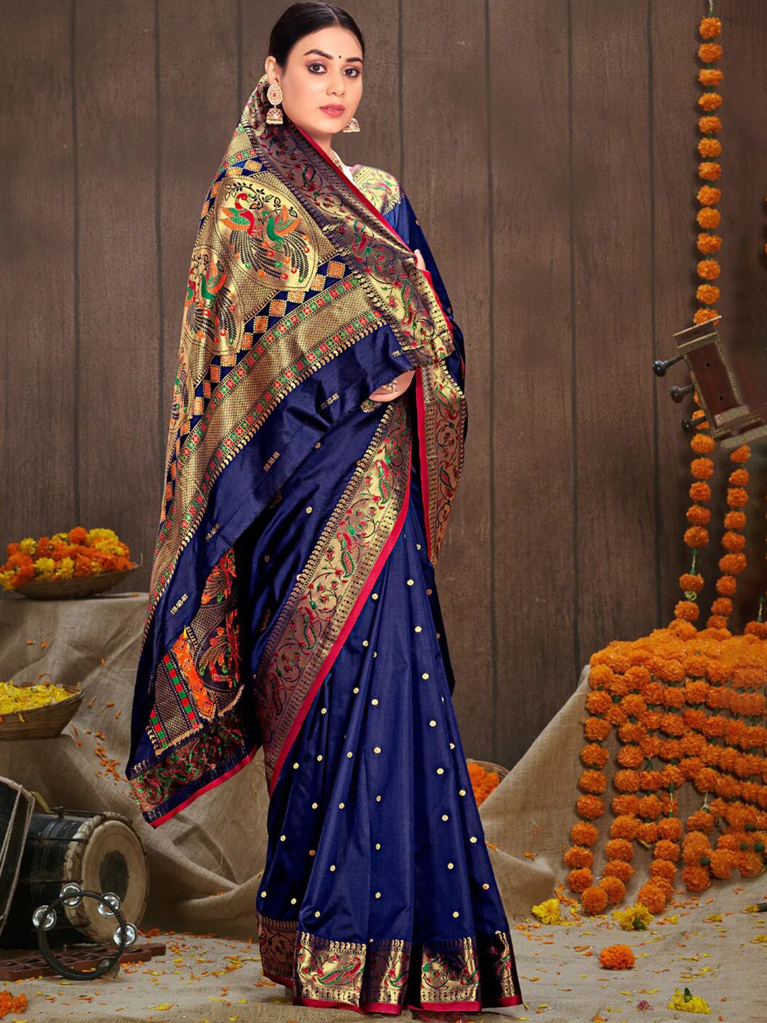 MAGMINA Blue & Gold-Toned Ethnic Motifs Zari Pure Silk Banarasi Saree Price in India