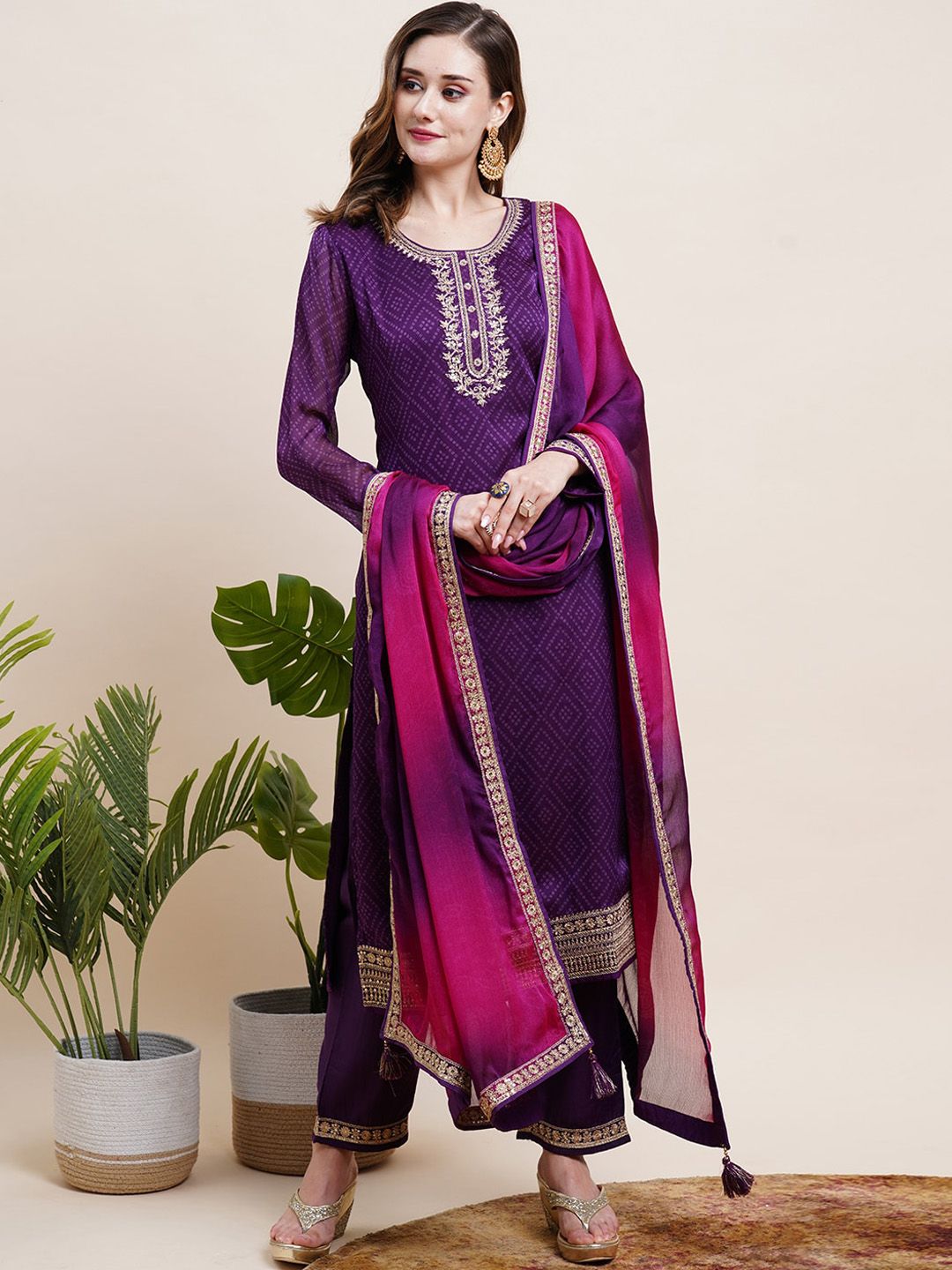 FASHOR Bandhani Printed Regular Thread Work Silk Chiffon Kurta & Trousers With Dupatta Price in India