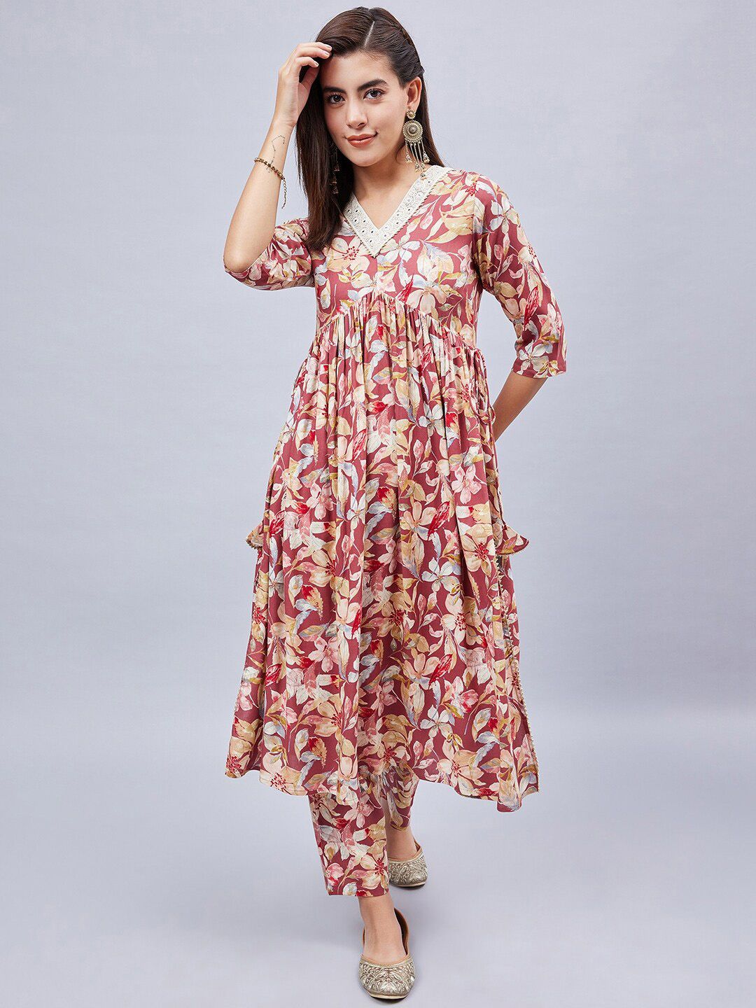 WineRed Floral Printed Gotta Patti Empire Kurta With Salwar Price in India