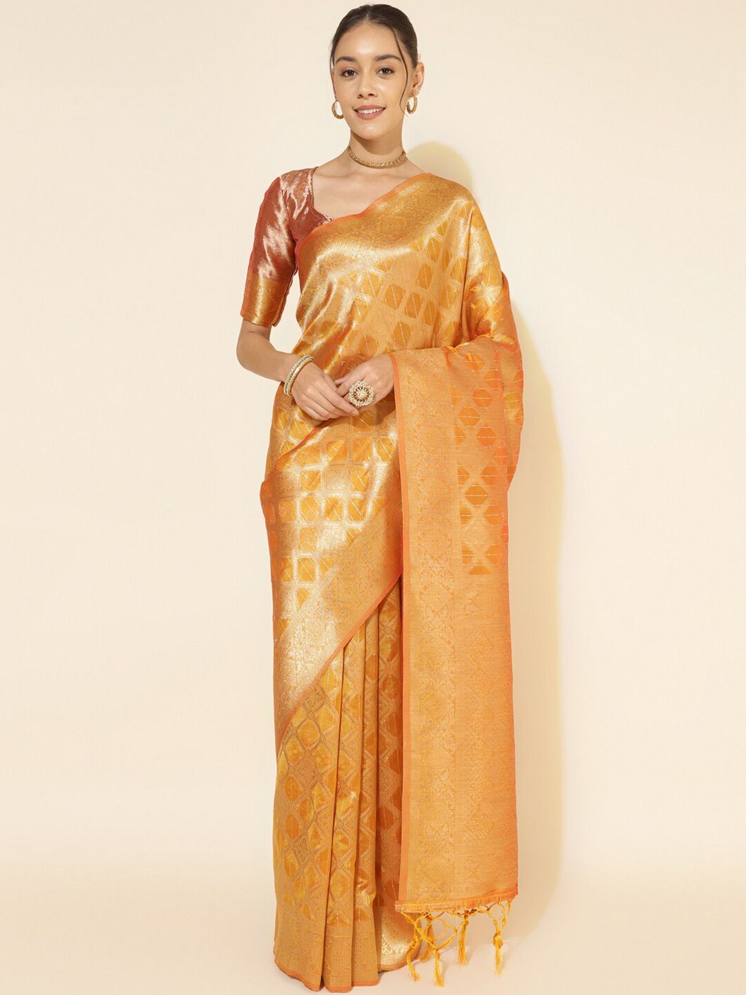 Janasya Yellow & Gold-Toned Ethnic Motifs Woven Design Zari Organza Kanjeevaram Saree Price in India