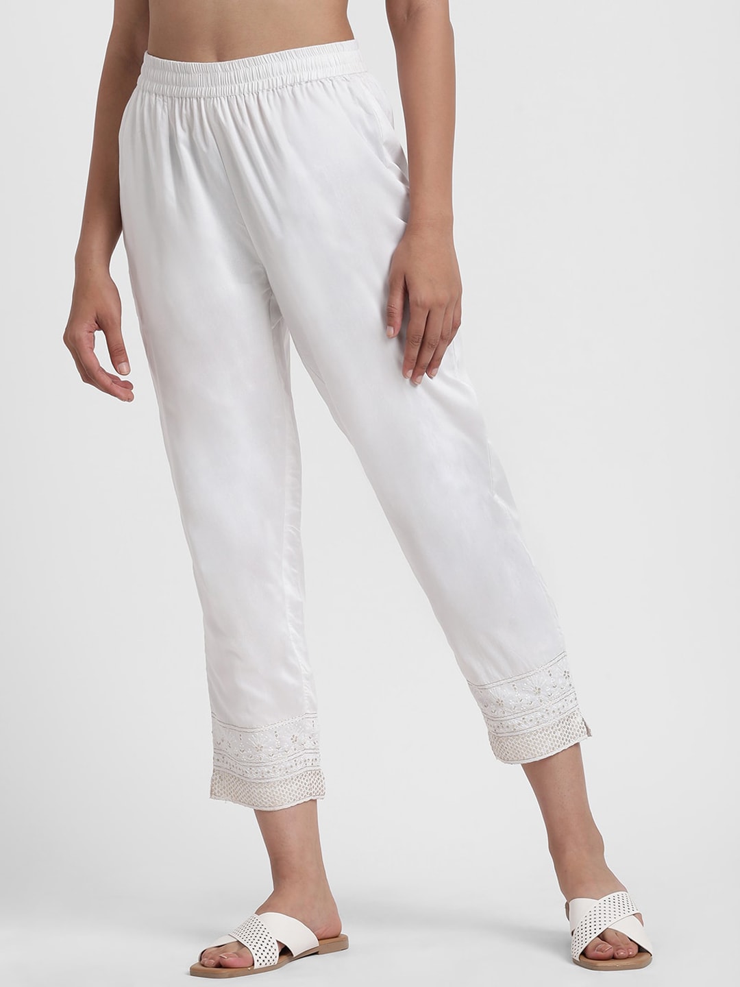 Styli Women Off White Straight Fit Trousers Price in India