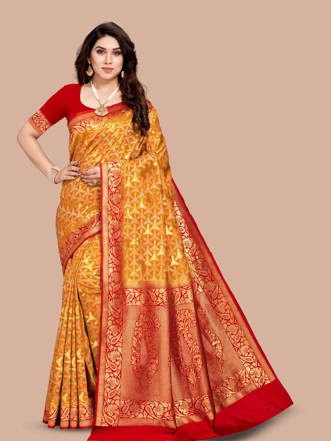 MAGMINA Yellow & Red Woven Design Zari Pure Silk Banarasi Saree