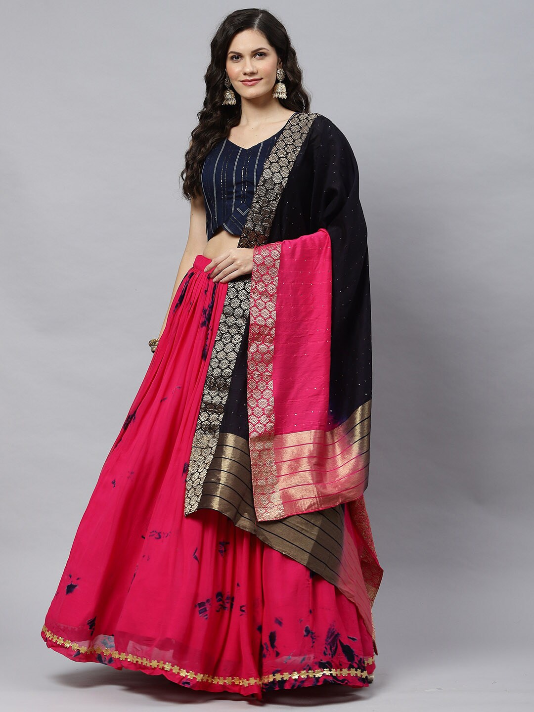 SHUBHKALA Pink & Black Printed Semi-Stitched Lehenga & Unstitched Blouse With Dupatta Price in India