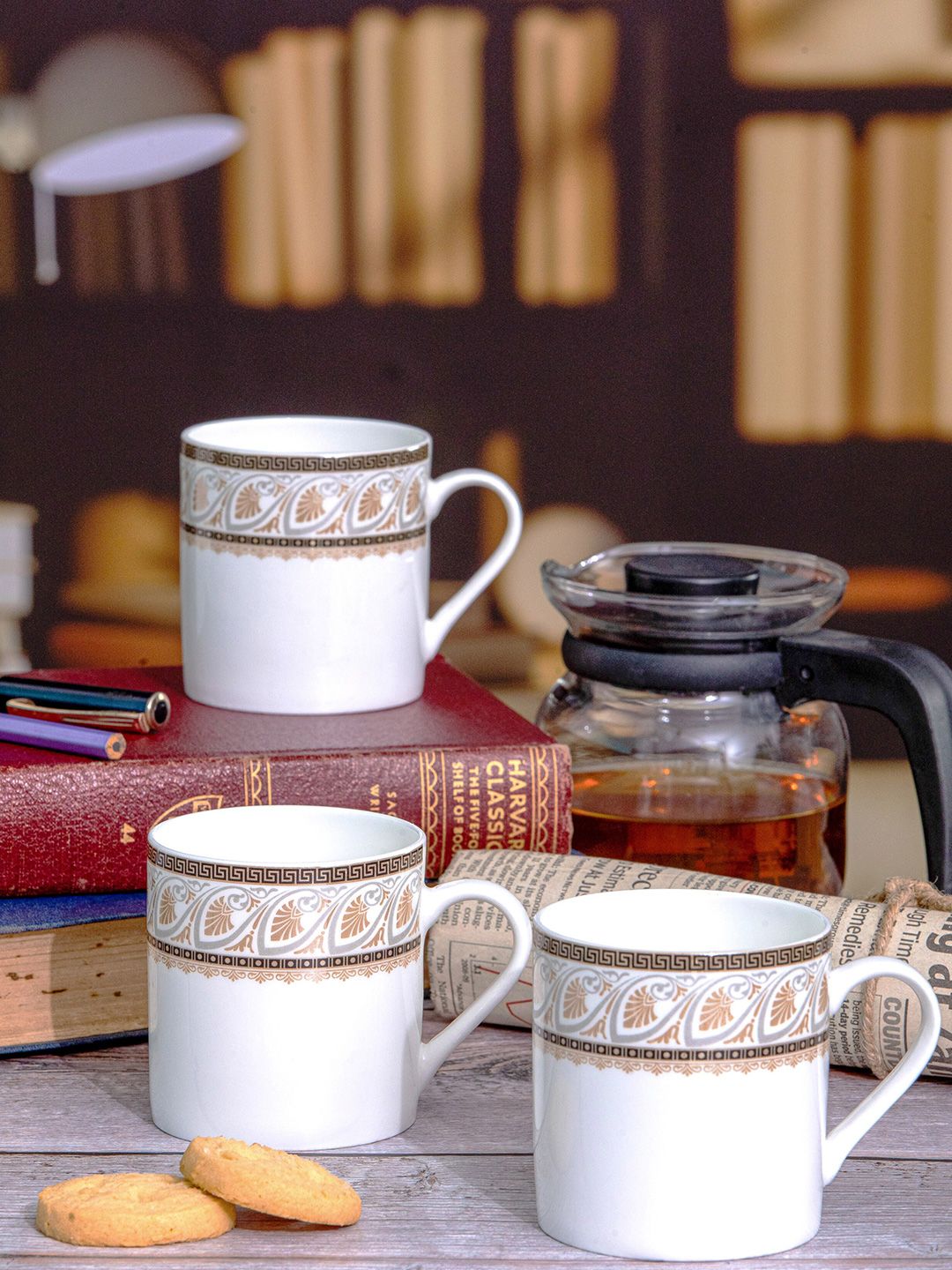 SONAKI White & Beige 6 Pieces Printed Bone China Glossy Mugs 210 ml Each