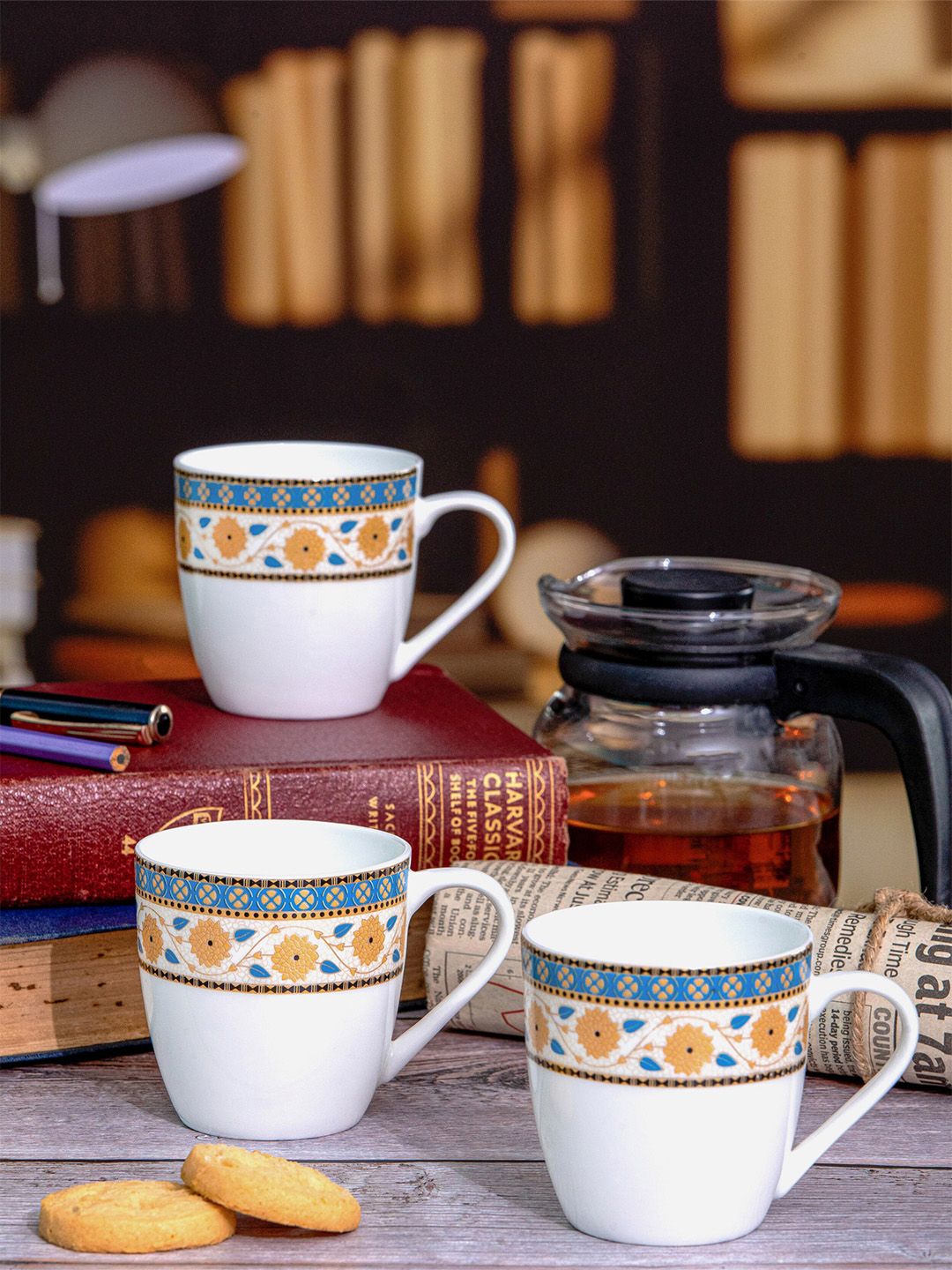 SONAKI White & Blue 6 Pieces Floral Printed  Bone China Glossy Cups 180ml each